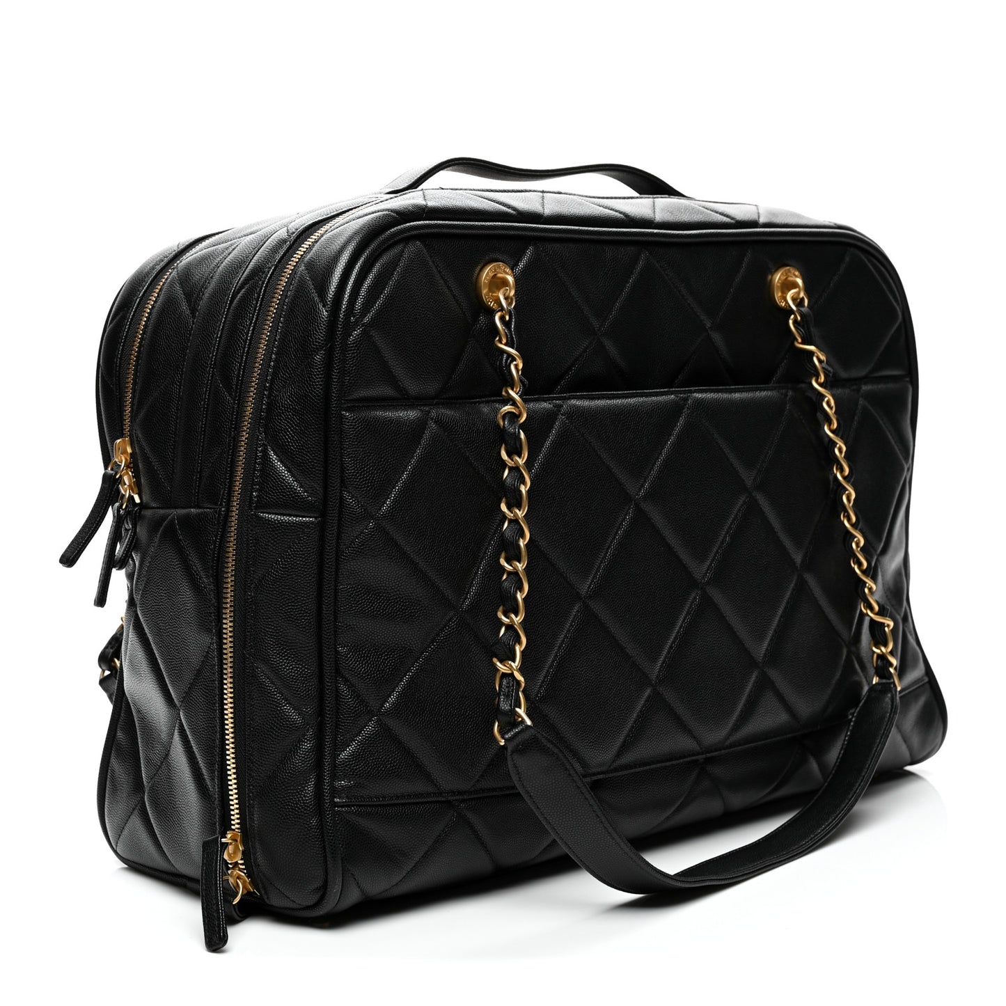 Shiny Grained Calfskin Quilted Travel Bowling Bag Black