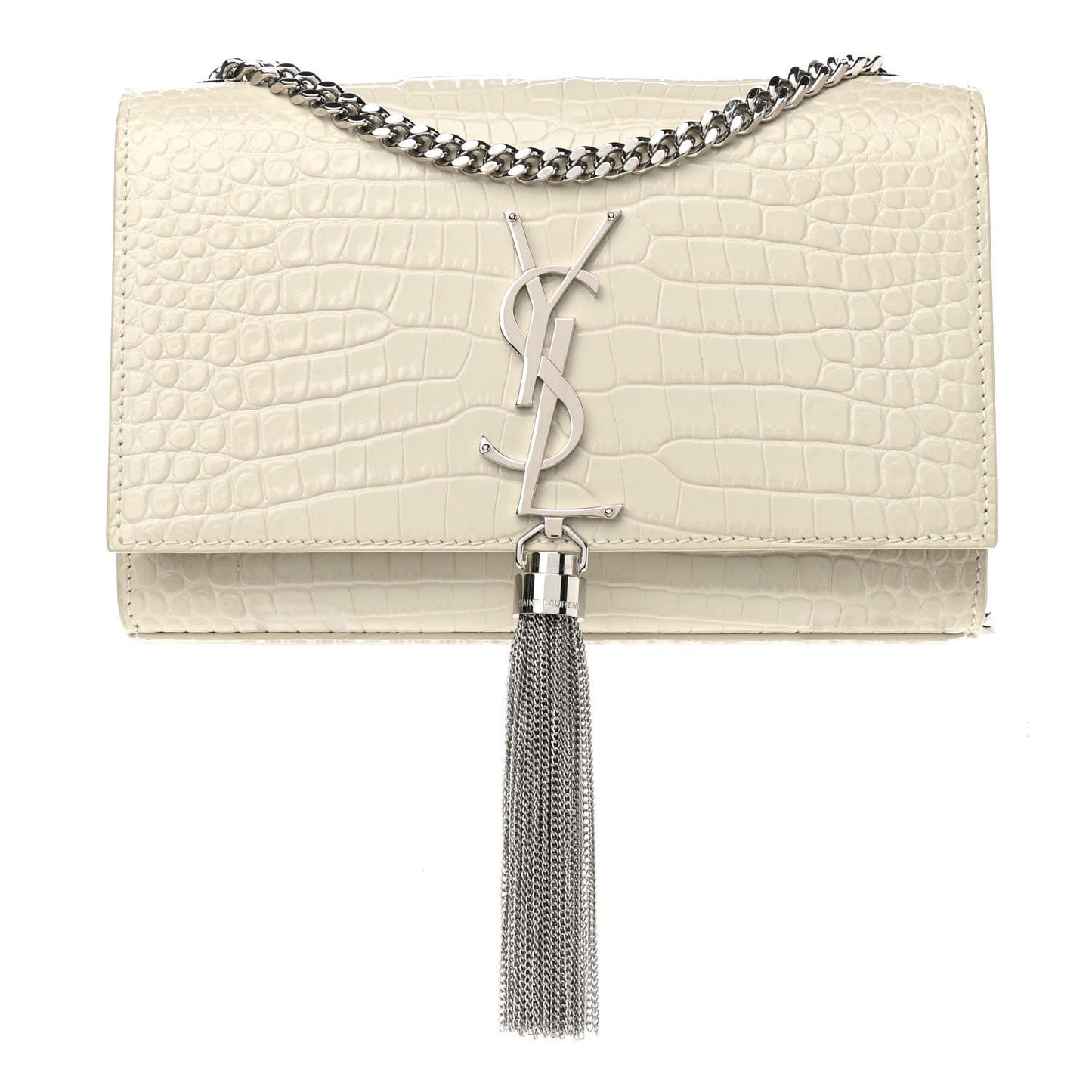 Calfskin Crocodile Embossed Small Classic Monogram Kate Tassel Satchel Blanc Vintage