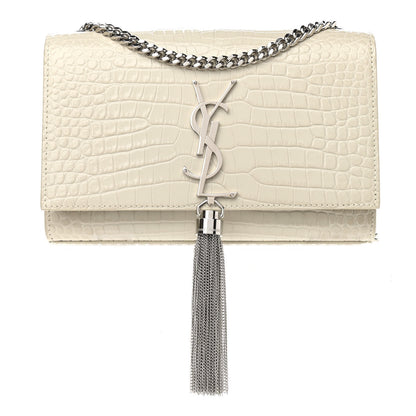 Saint Laurent Calfskin Crocodile Embossed Small Classic Monogram Kate Tassel Satchel Blanc Vintage 1 of 10