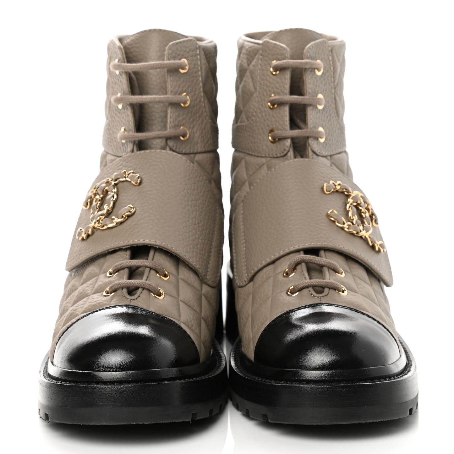 Calfskin Shiny Calfskin Quilted Lace Up Combat Boots 40.5 Dark Beige Black