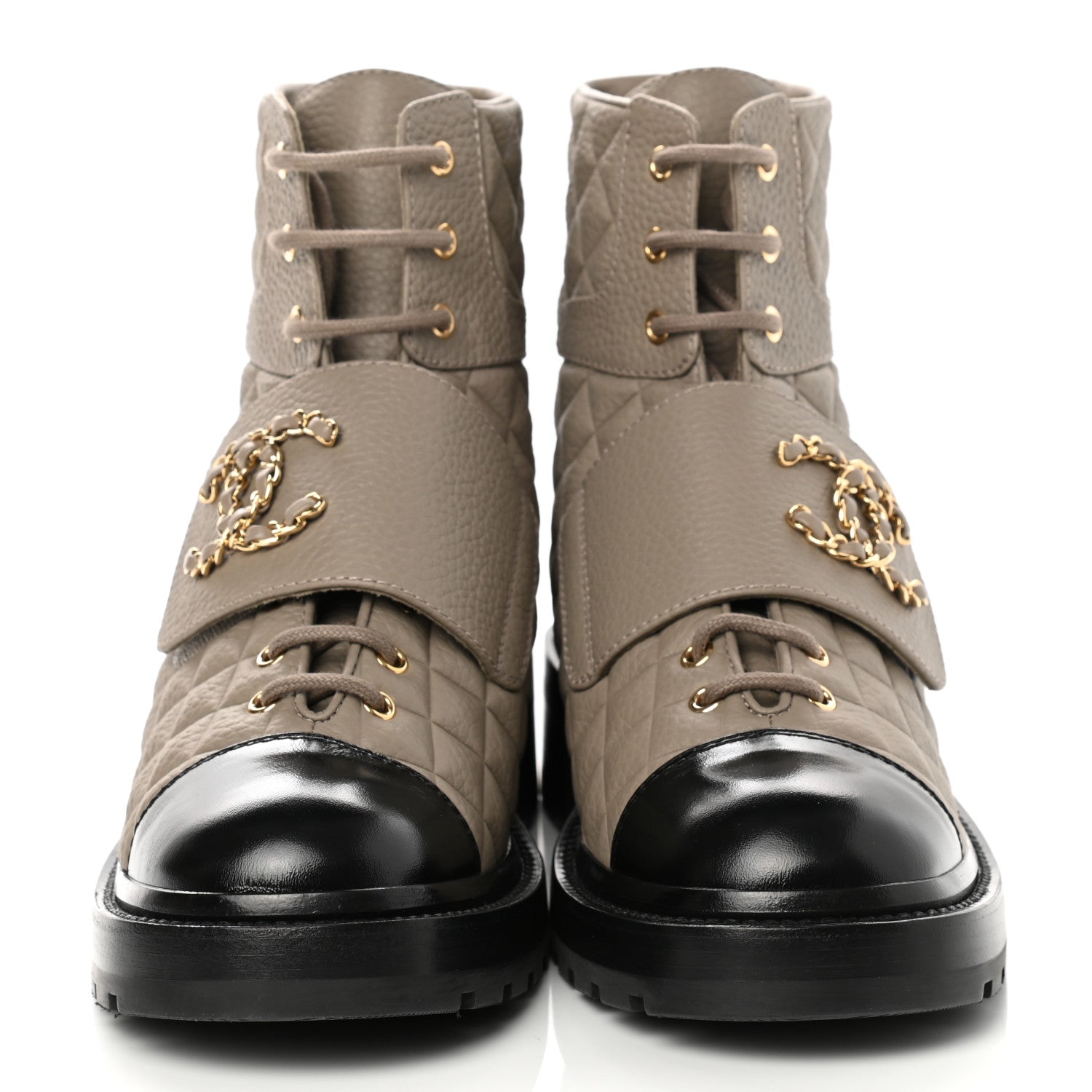 Chanel Calfskin Shiny Calfskin Quilted Lace Up Combat Boots 40.5 Dark Beige Black 2 of 9