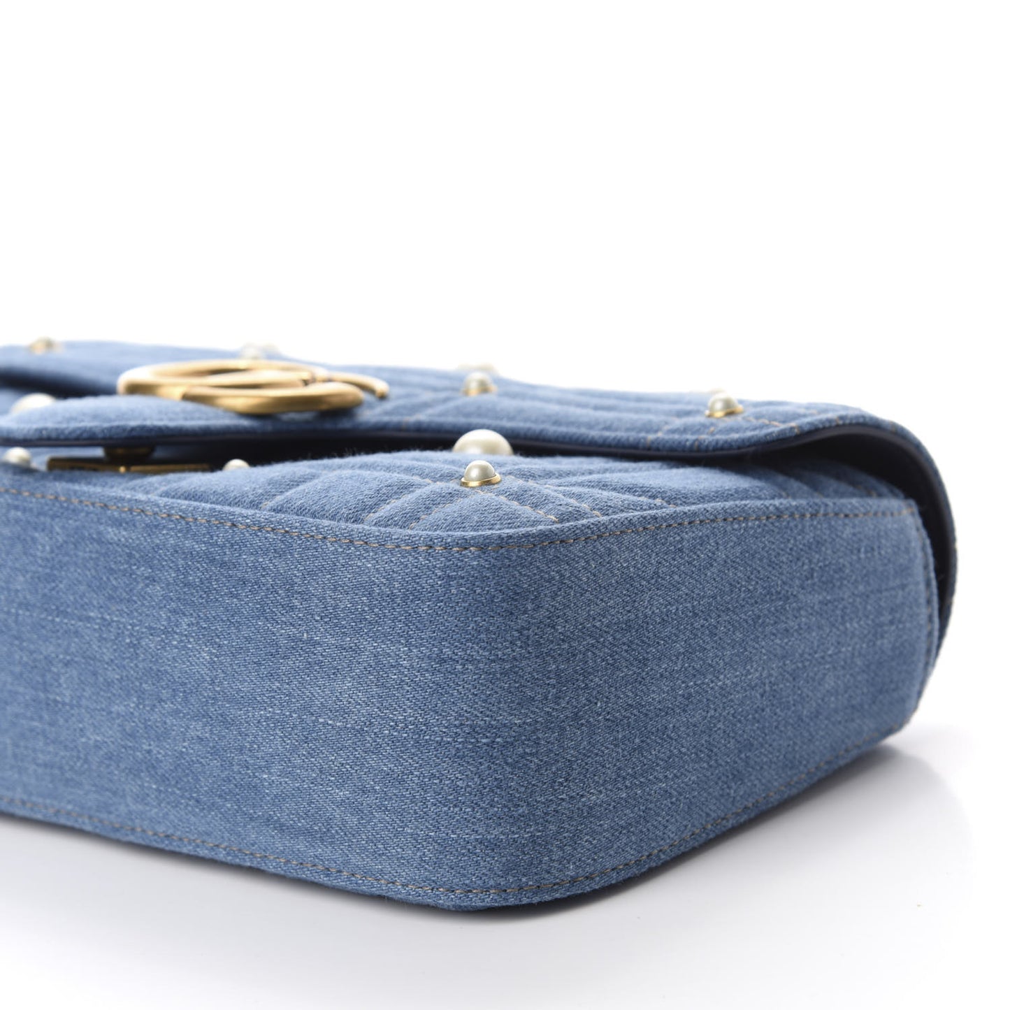 Denim Matelasse Pearl Studded Small GG Marmont Shoulder Bag Blue
