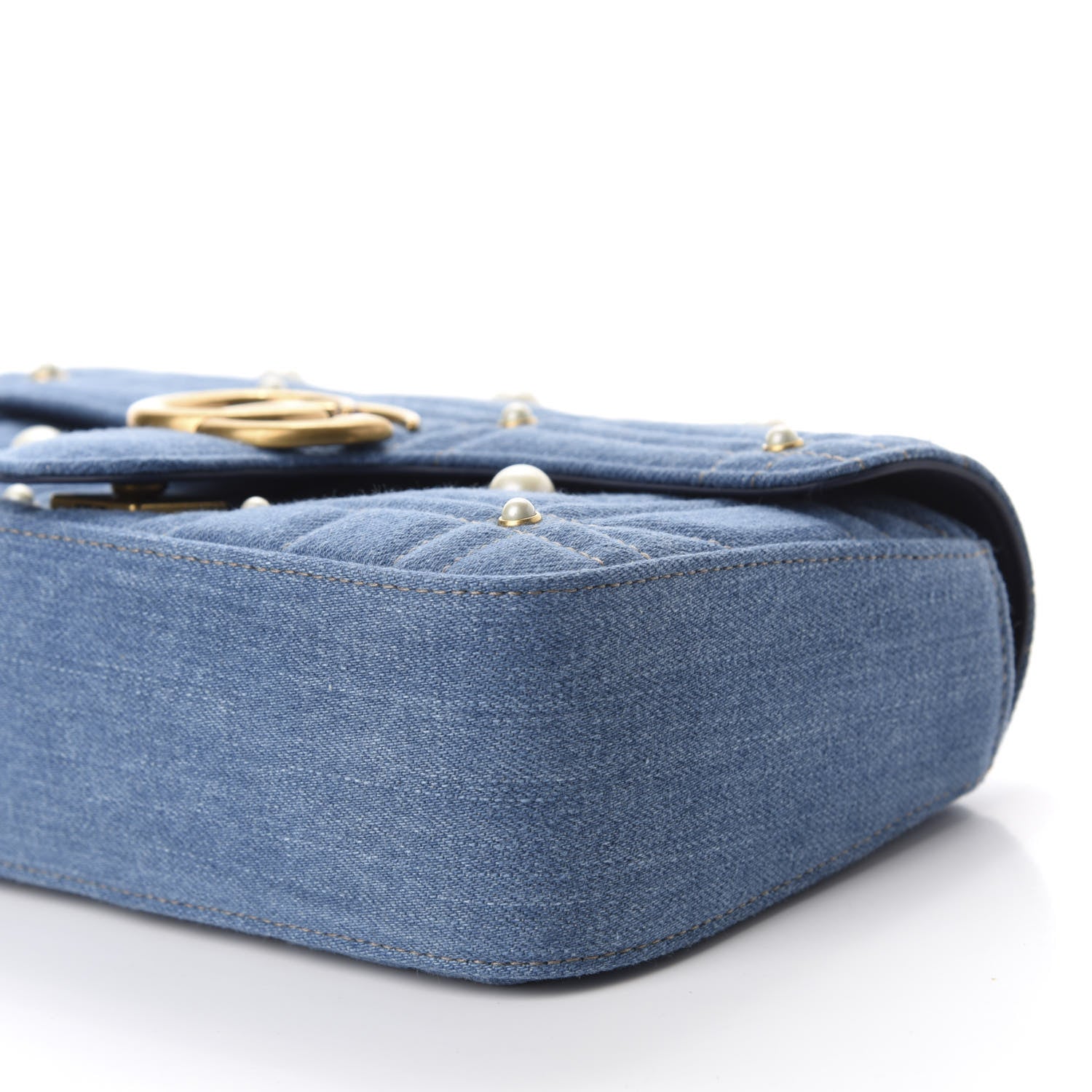 Gucci Denim Matelasse Pearl Studded Small GG Marmont Shoulder Bag Blue 7 of 10