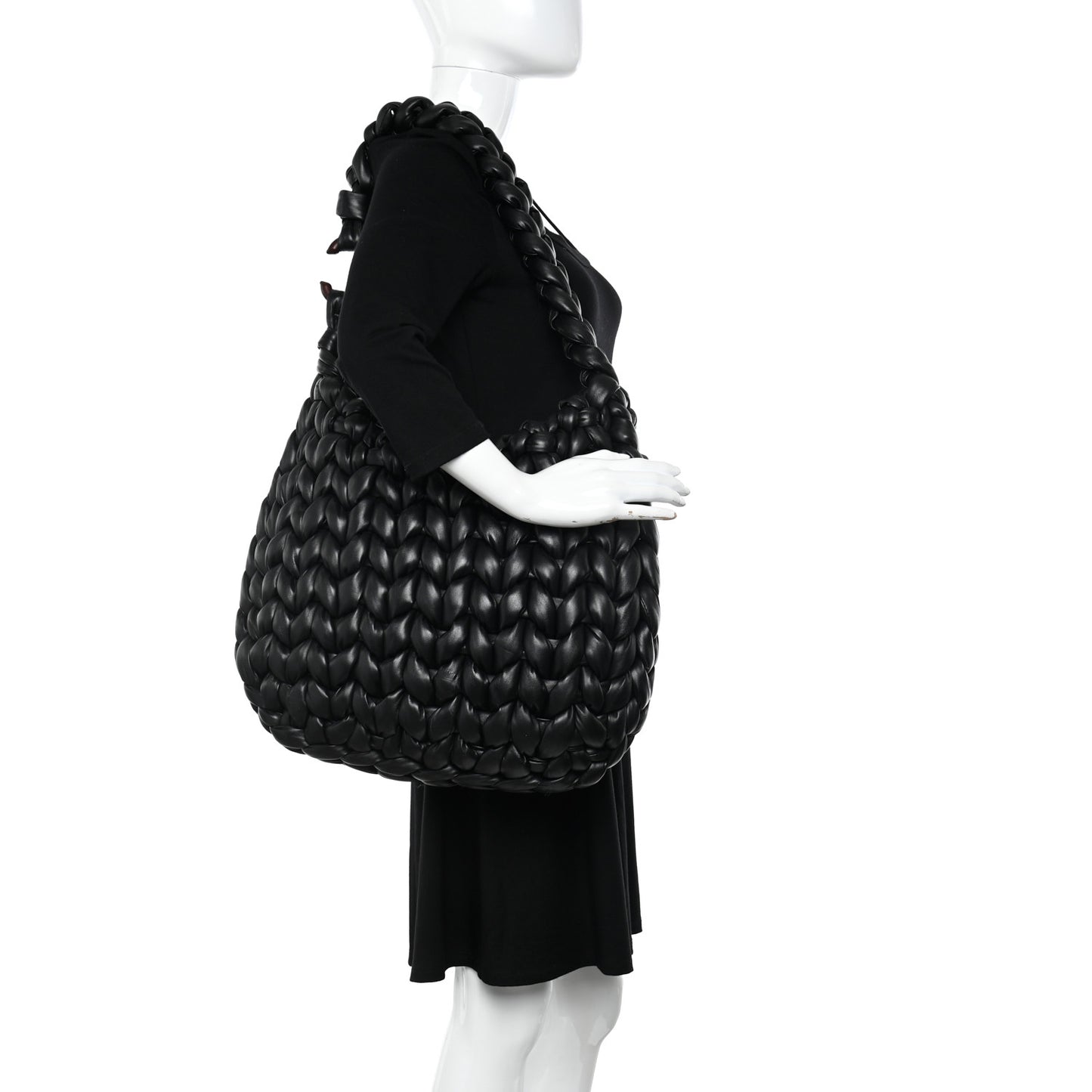 Lambskin Woven Wooden C Shoulder Bag Black