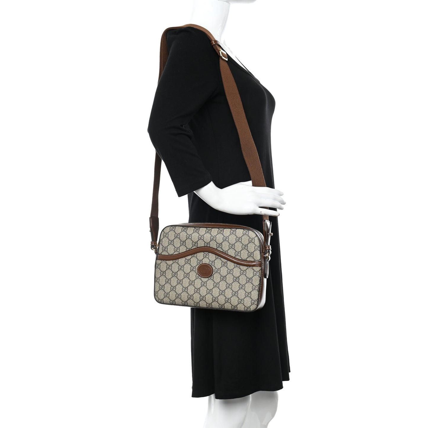 GG Supreme Monogram Azalea Calfskin Retro Interlocking G Messenger Shoulder Bag Beige Ebony Brown Sugar