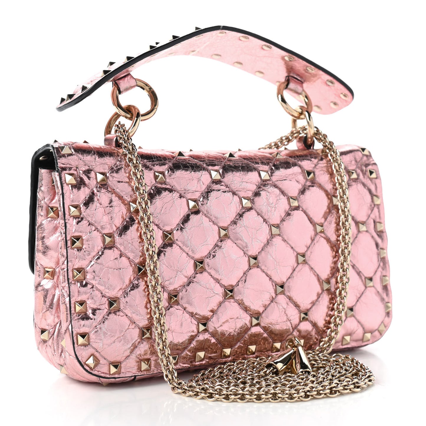 Metallic Wrinkled Lambskin Small Rockstud Spike Shoulder Bag Lipstick