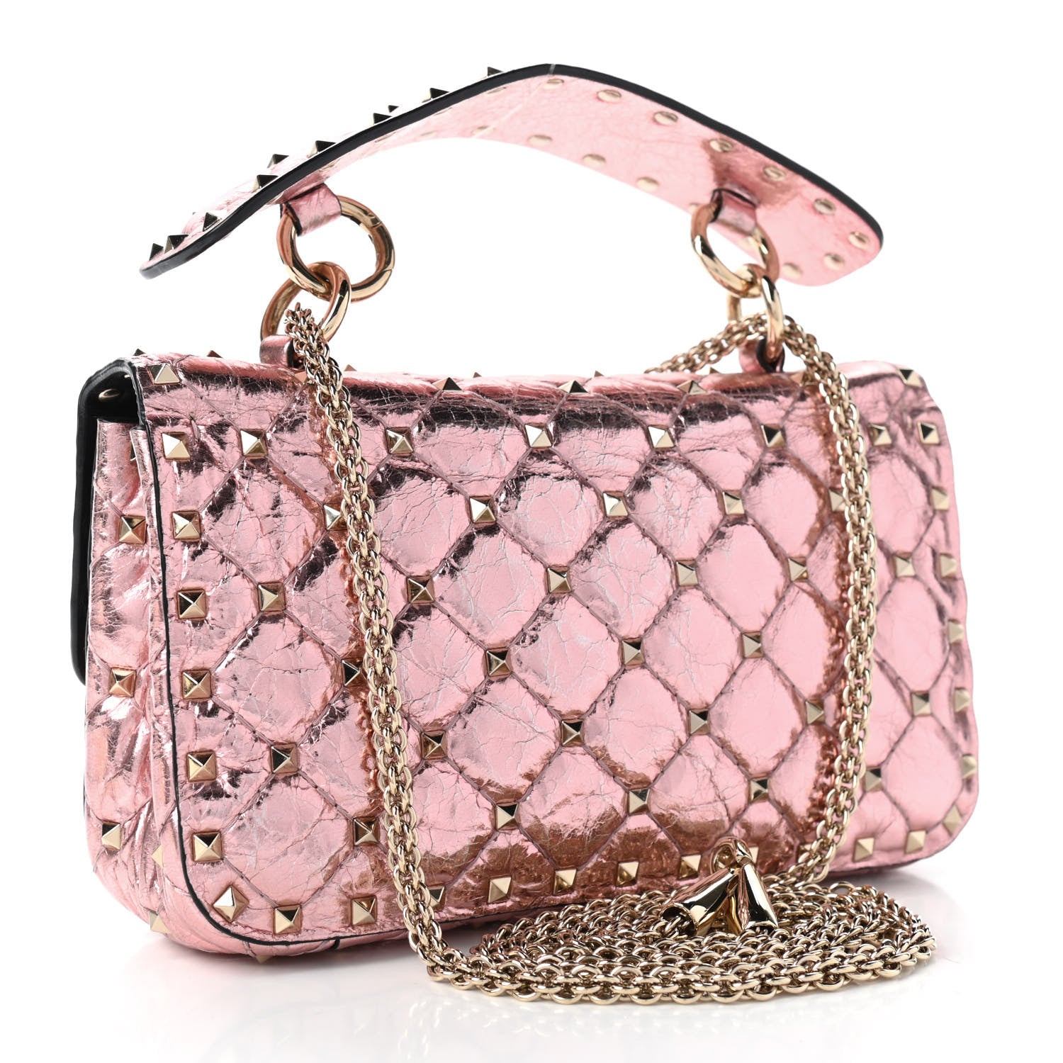 Valentino Garavani Metallic Wrinkled Lambskin Small Rockstud Spike Shoulder Bag Lipstick 3 of 10