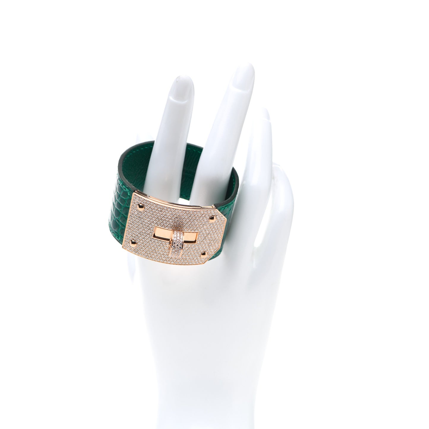18K Rose Gold Shiny Alligator Diamond Kelly Bracelet Vert Emeraude SH