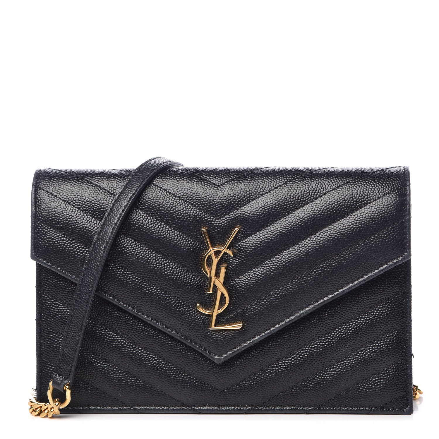 Saint Laurent Grain De Poudre Matelasse Chevron Monogram Envelope Chain Wallet Black 1 of 17