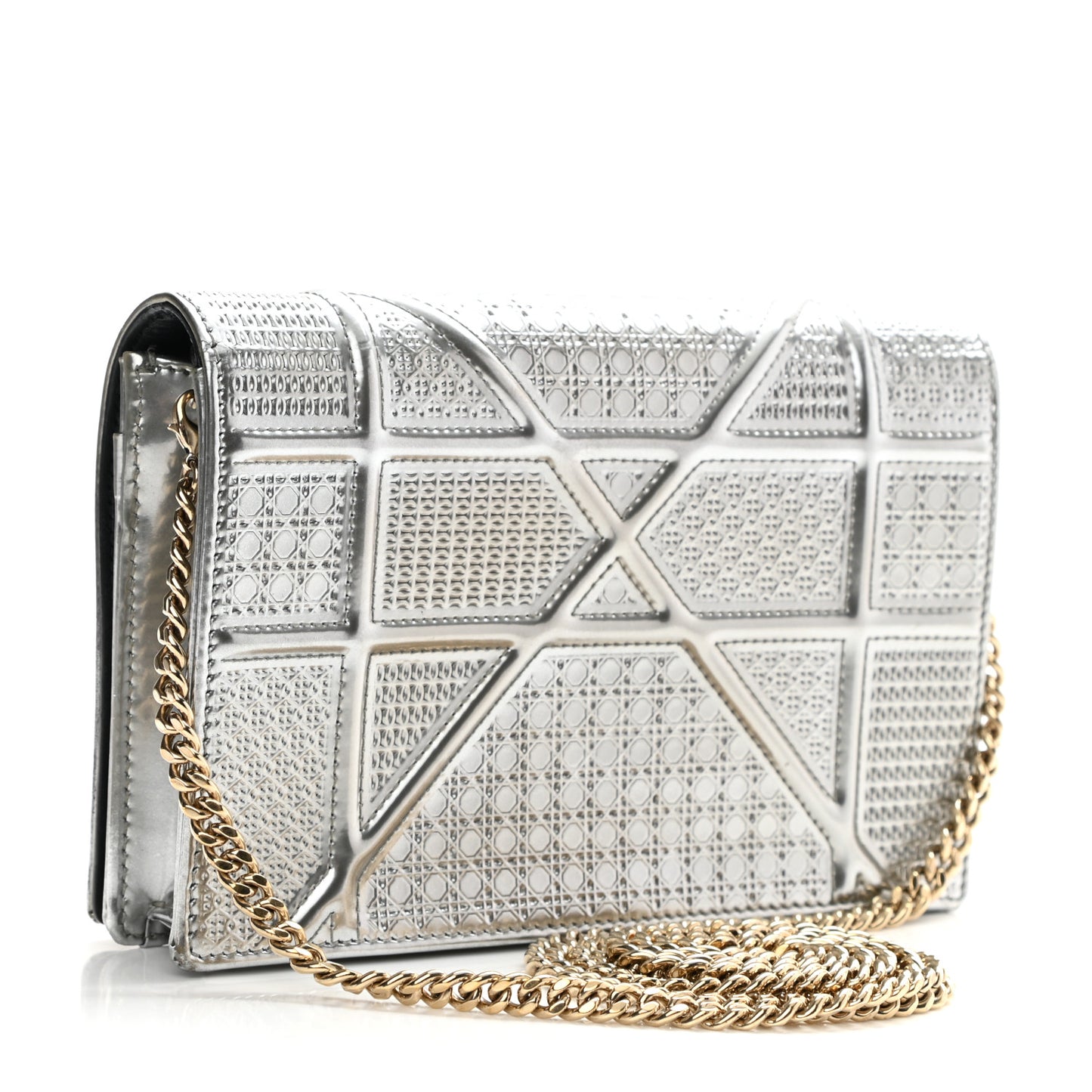 Metallic Patent Micro-Cannage Diorama Wallet on Chain Pouch Silver