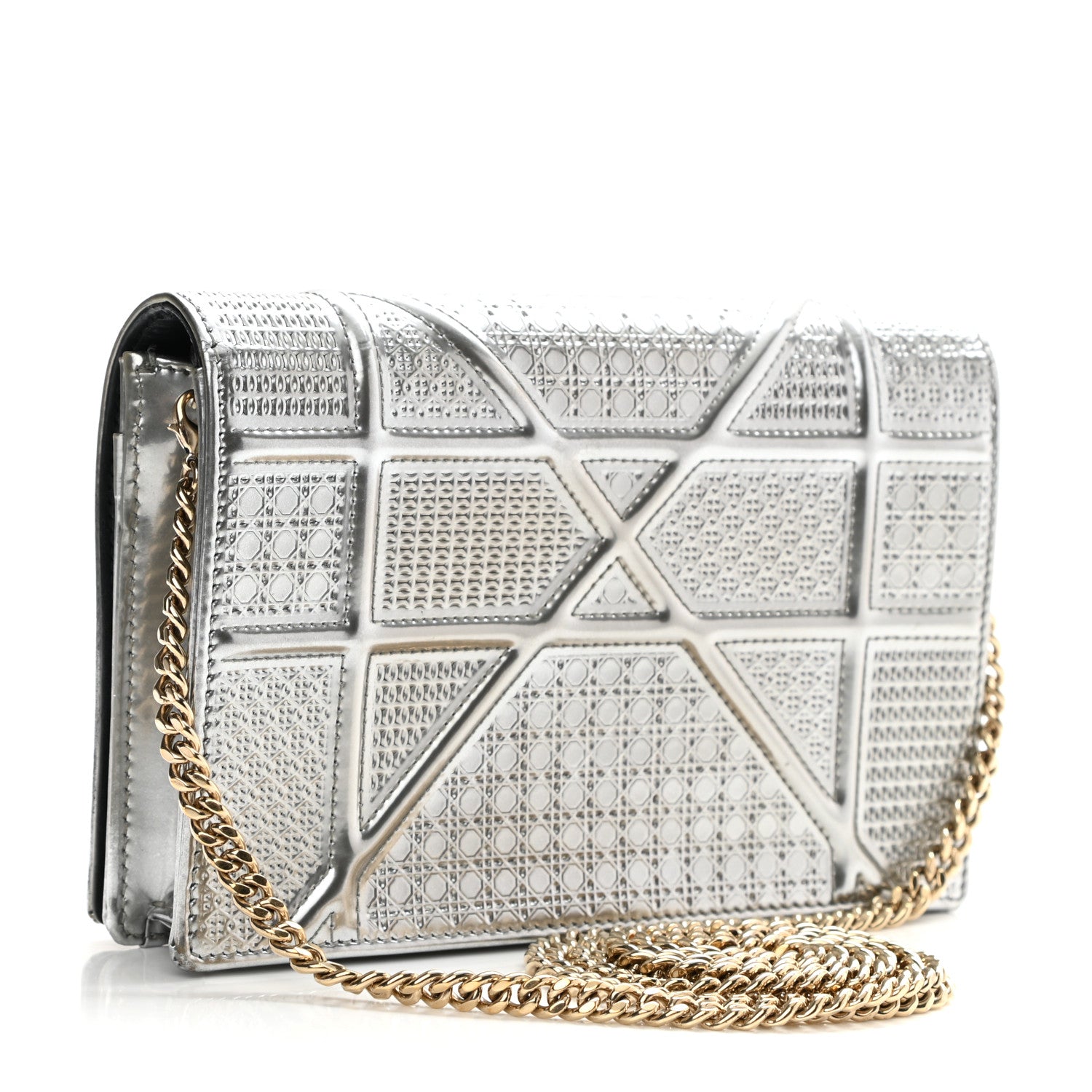 Christian Dior Metallic Patent Micro-Cannage Diorama Wallet on Chain Pouch Silver 3 of 11