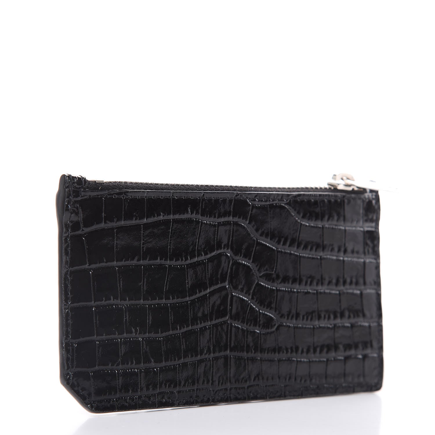 Saint Laurent Calfskin Crocodile Embossed 5 Fragments Zip Pouch Card Holder Black 3 of 6