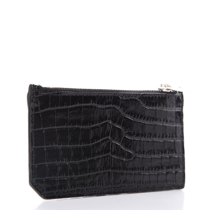 Saint Laurent Calfskin Crocodile Embossed 5 Fragments Zip Pouch Card Holder Black 3 of 6