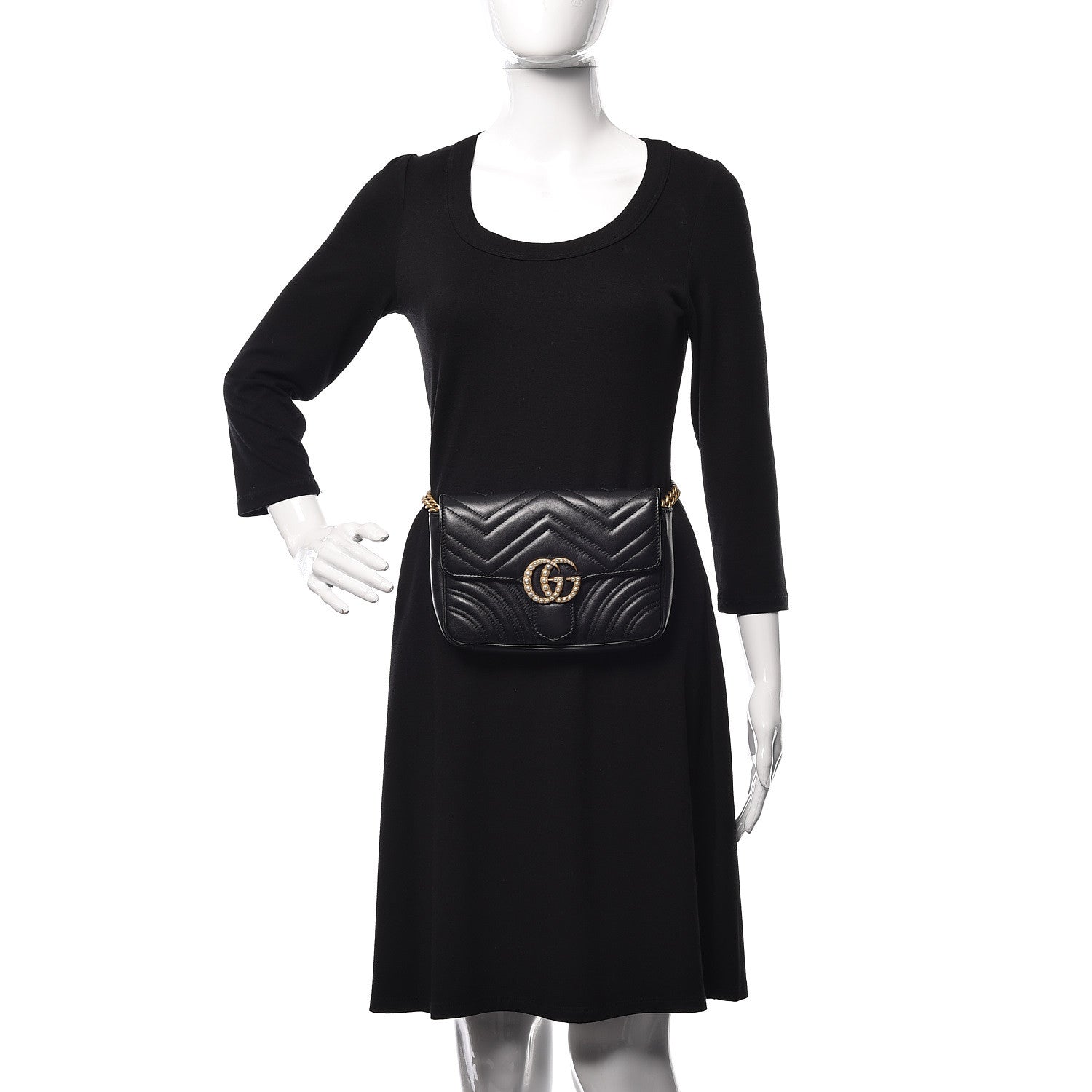Gucci Calfskin Matelasse Pearly GG Marmont Chain Belt Bag Black 2 of 11