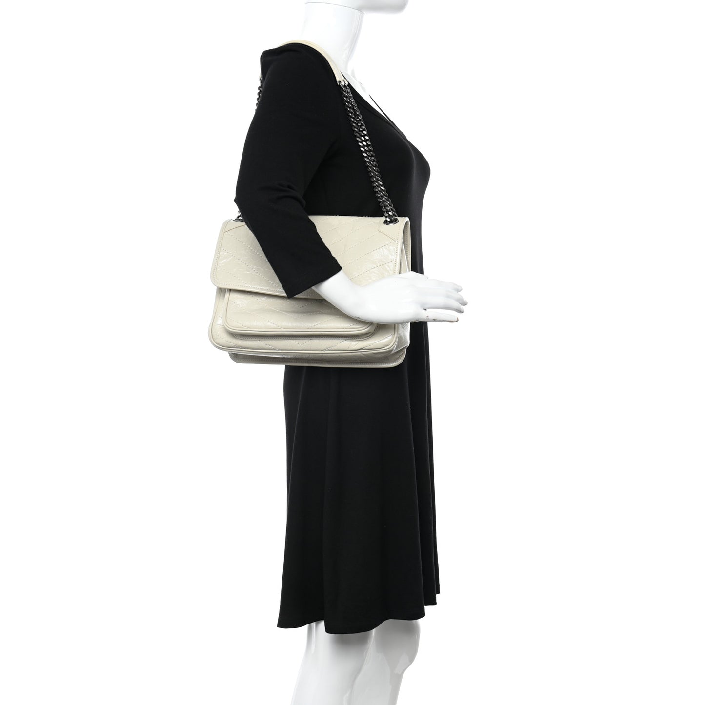 Crinkled Calfskin Matelasse Monogram Medium Niki Chain Satchel Blanc Vintage