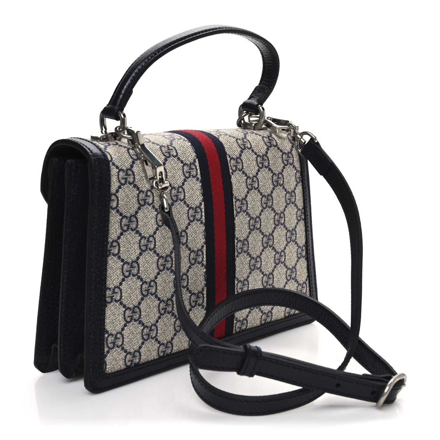GG Supreme Monogram Textured Dollar Calfskin Web Small Ophidia Padlock Top Handle Bag Beige Blue