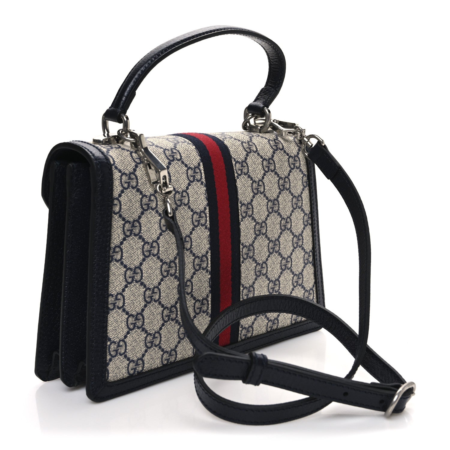 Gucci GG Supreme Monogram Textured Dollar Calfskin Web Small Ophidia Padlock Top Handle Bag Beige Blue 3 of 10