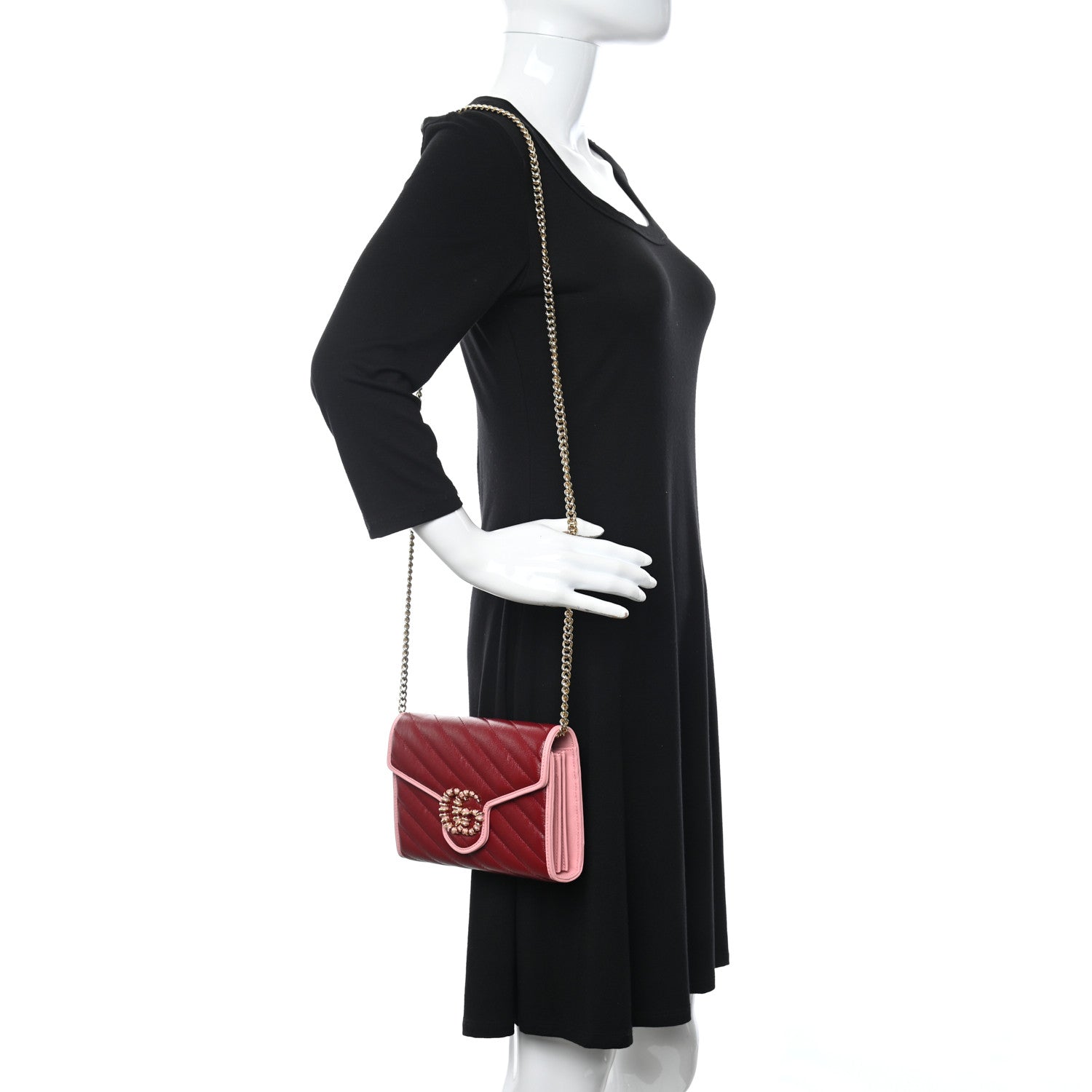 Gucci Azalea Calfskin Enamel Matelasse Diagonal Torchon GG Marmont Chain Wallet New Cherry Red Wild Rose 2 of 11