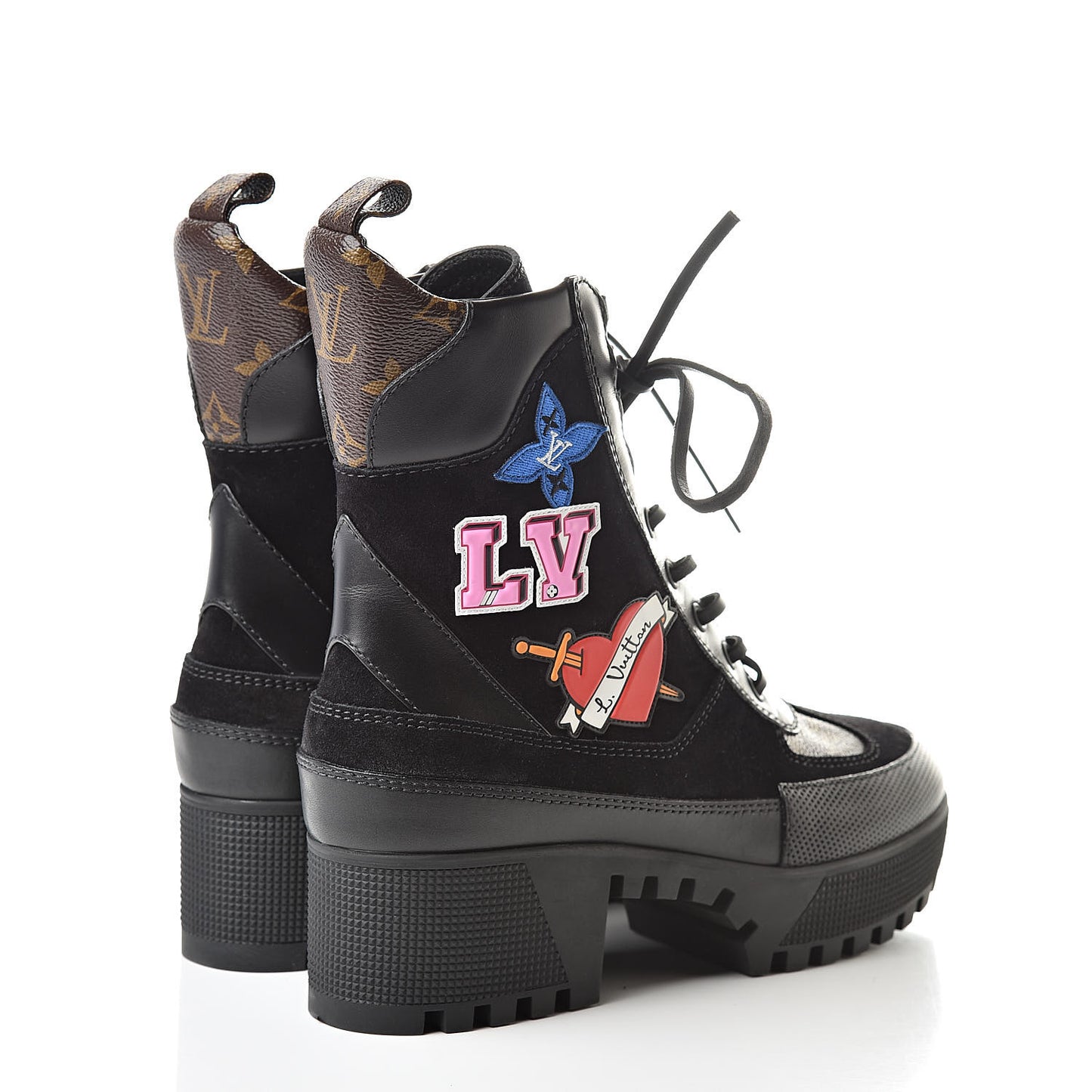 Suede Calfskin Monogram LV Black Heart Laureate Platform Desert Boots 37.5 Black