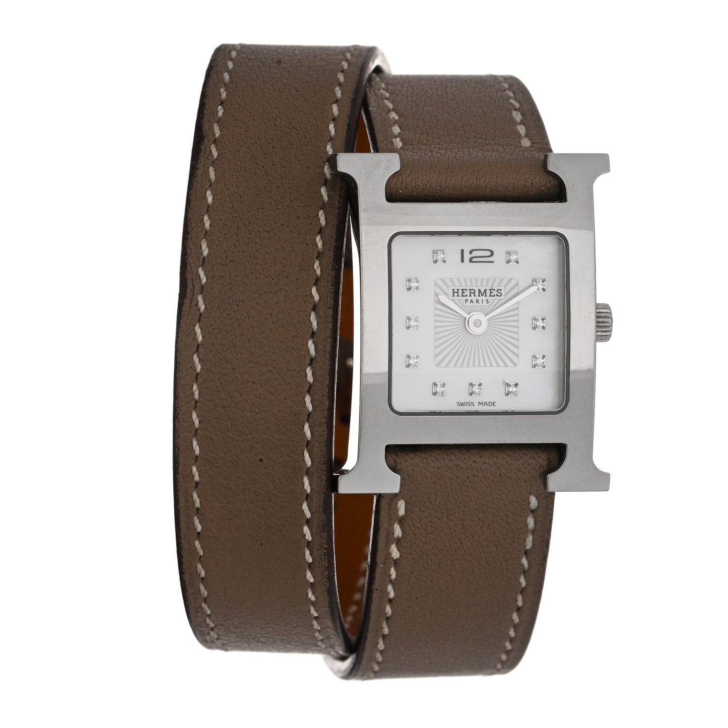 Stainless Steel Swift Diamond Mother of Pearl 21mm Heure H Hour Double Tour Quartz Watch Etoupe