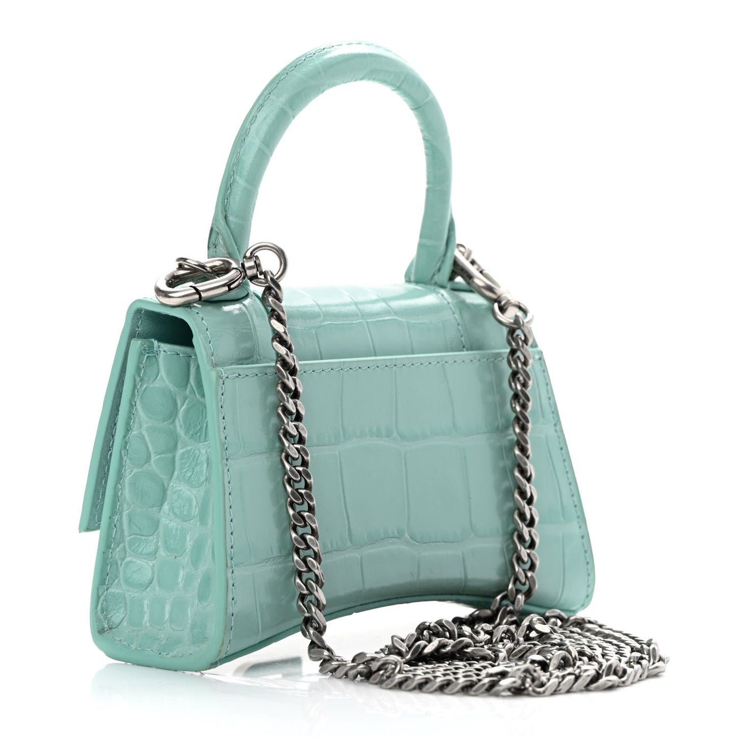 Shiny Calfskin Crocodile Embossed Hourglass Top Handle Bag Mini with Chain Green Acqua