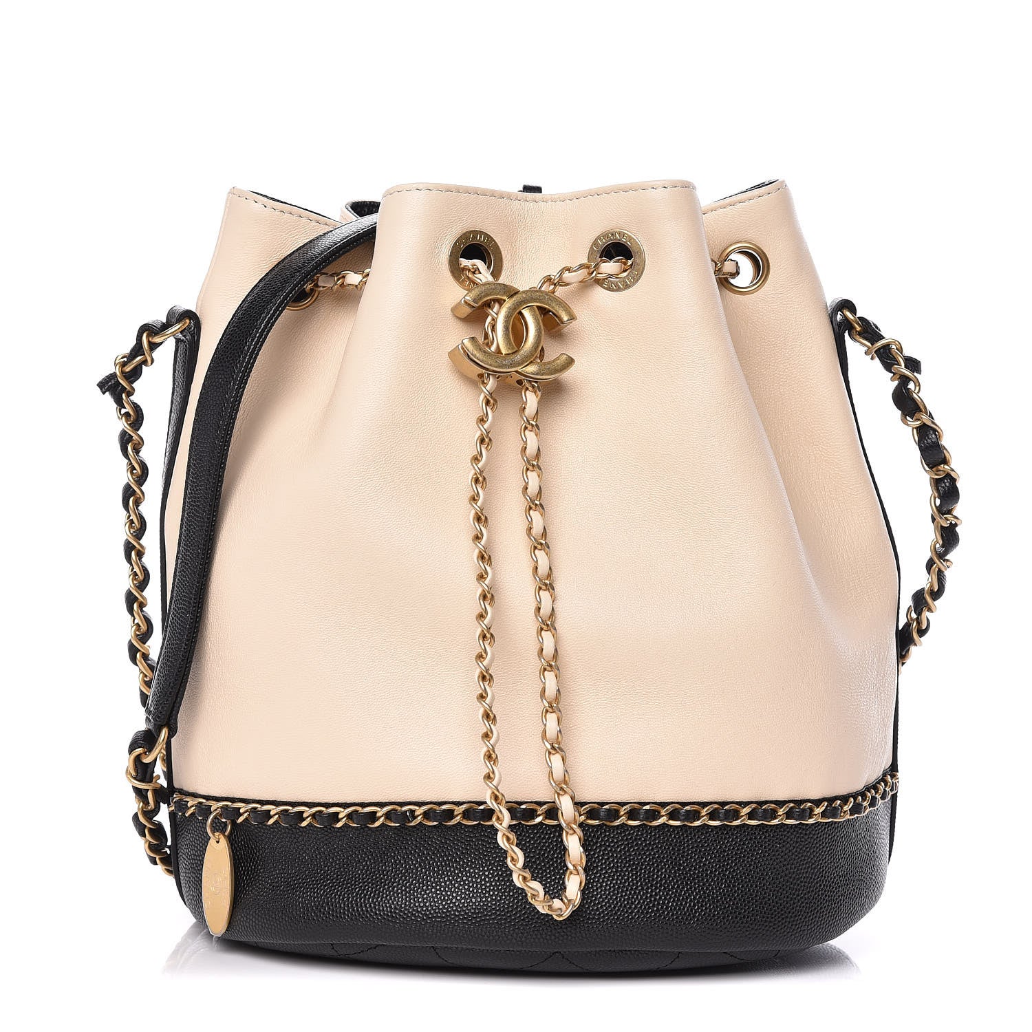 Chanel Lambskin Caviar Lovely Chains Drawstring Bag Beige Black 1 of 9