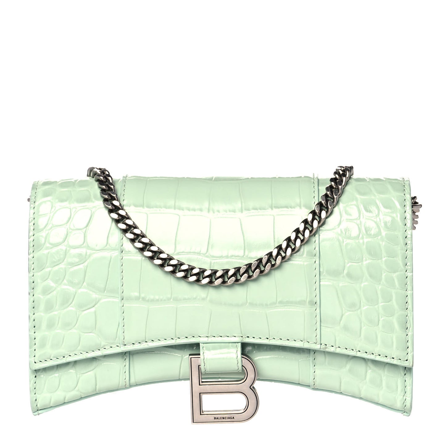 Shiny Calfskin Crocodile Embossed Hourglass Chain Bag Light Green