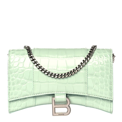 Balenciaga Shiny Calfskin Crocodile Embossed Hourglass Chain Bag Light Green 1 of 10