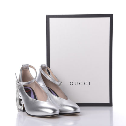 Gucci Metallic Nappa Crystal Square G Mid Heel Pumps 36 Silver 10 of 10