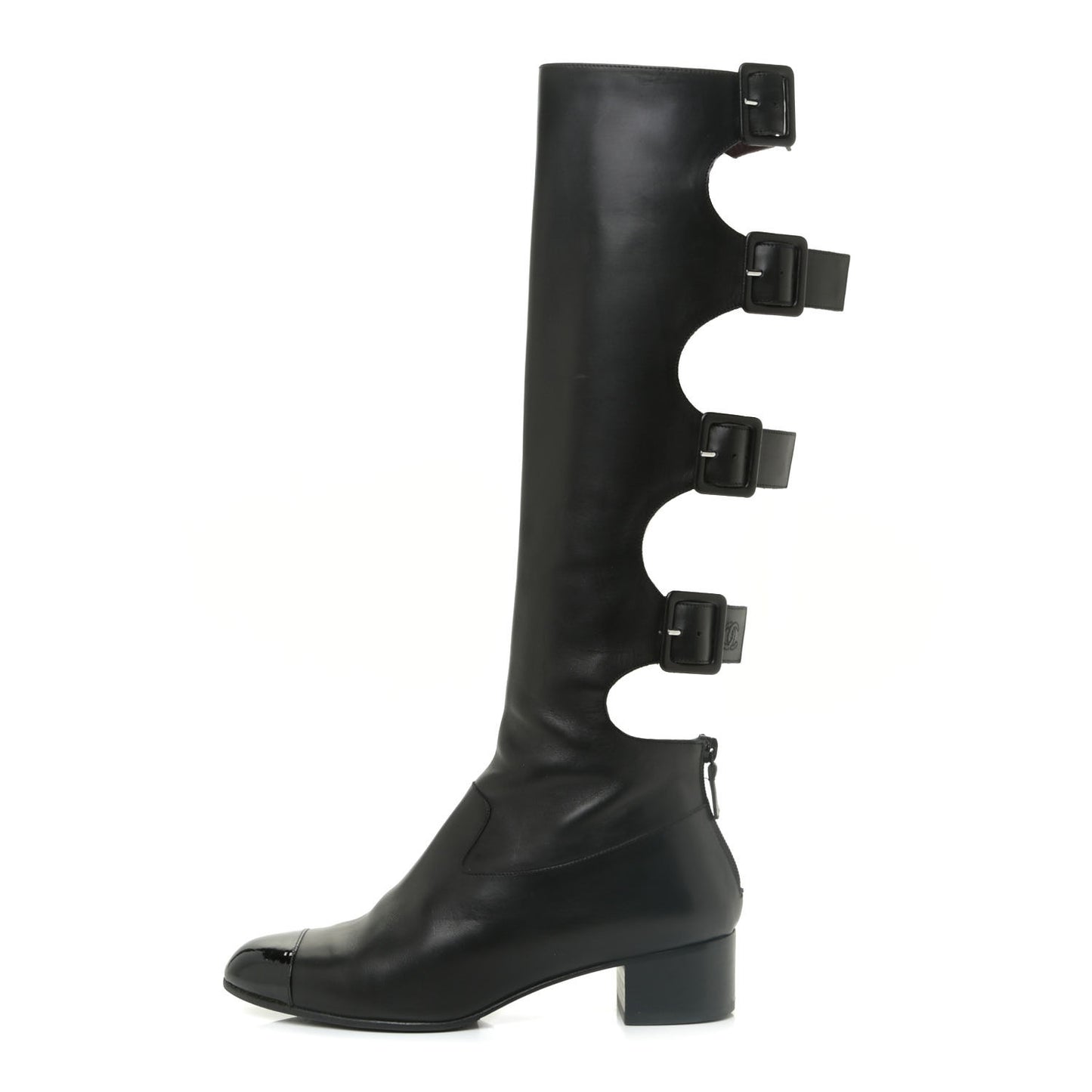 Lambskin Patent Cut Out Buckle Cap Toe Knee High Boots 39 Black