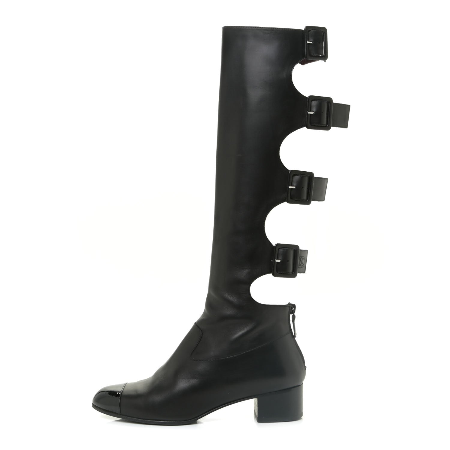 Chanel Lambskin Patent Cut Out Buckle Cap Toe Knee High Boots 39 Black 1 of 11