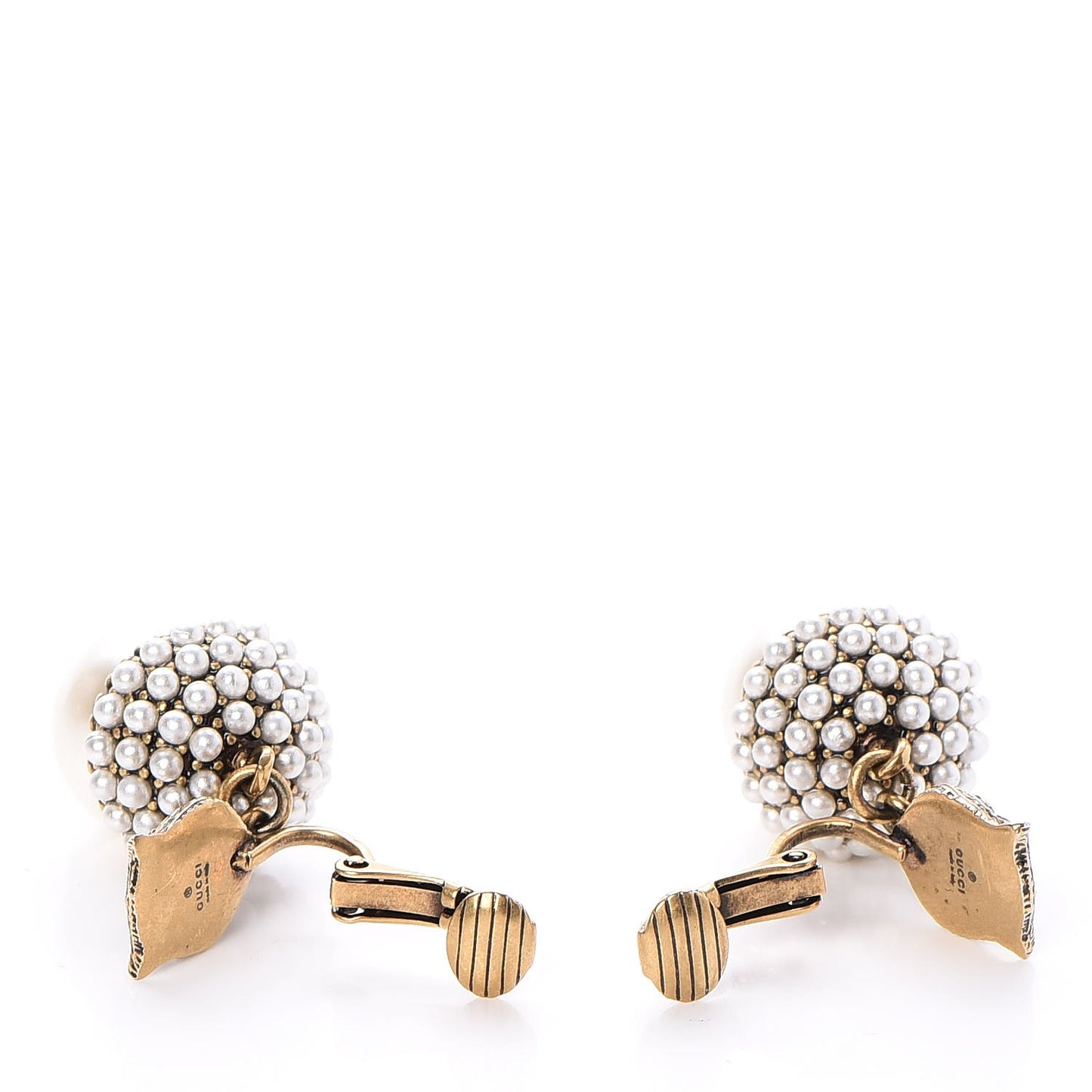 Metal Resin Pearl Feline Clip On Earrings Aged Gold