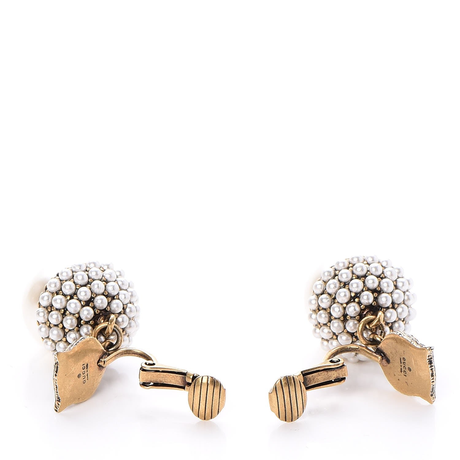 Gucci Metal Resin Pearl Feline Clip On Earrings Aged Gold 3 of 5