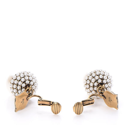 Gucci Metal Resin Pearl Feline Clip On Earrings Aged Gold 3 of 5