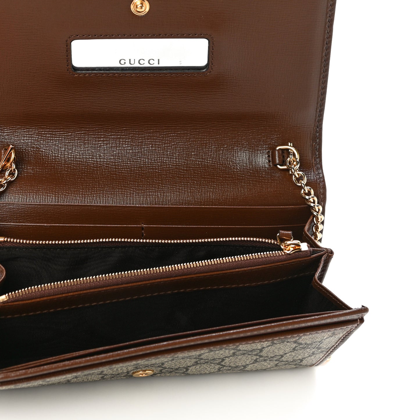 GG Supreme Monogram Azalea Calfskin Horsebit 1955 Wallet On Chain Beige Ebony Brown Sugar