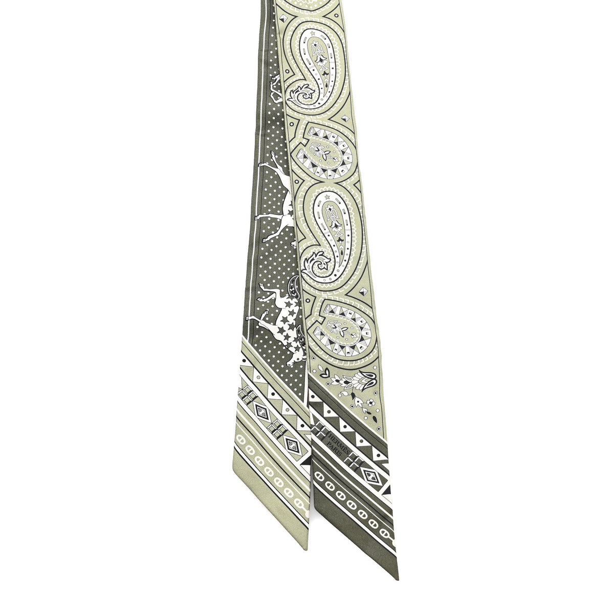 Hermes Silk Cheval De Coeur Bandana Twilly Loden Kaki Creme 2 of 3
