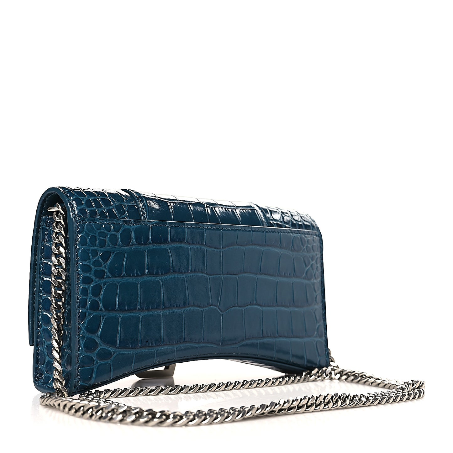 Shiny Calfskin Crocodile Embossed Hourglass Chain Bag Dark Petrol Blue