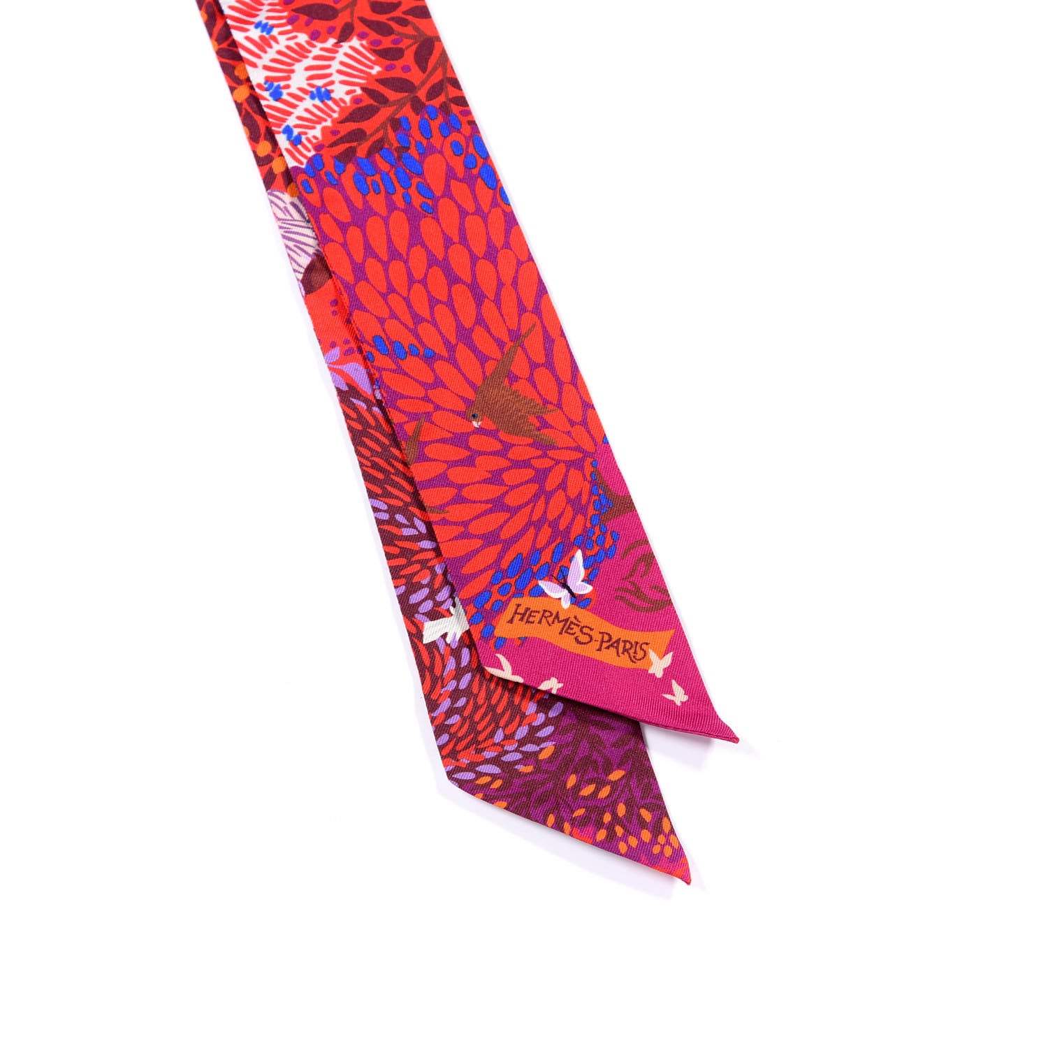 Hermes Silk Dans un Jardin Anglais Twilly Fuchsia Rouge Bleu Roy 2 of 4