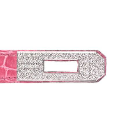 Hermes Shiny Porosus Crocodile 18K White Gold Diamond Kelly Cut Pochette Rose Tyrien 22 of 27