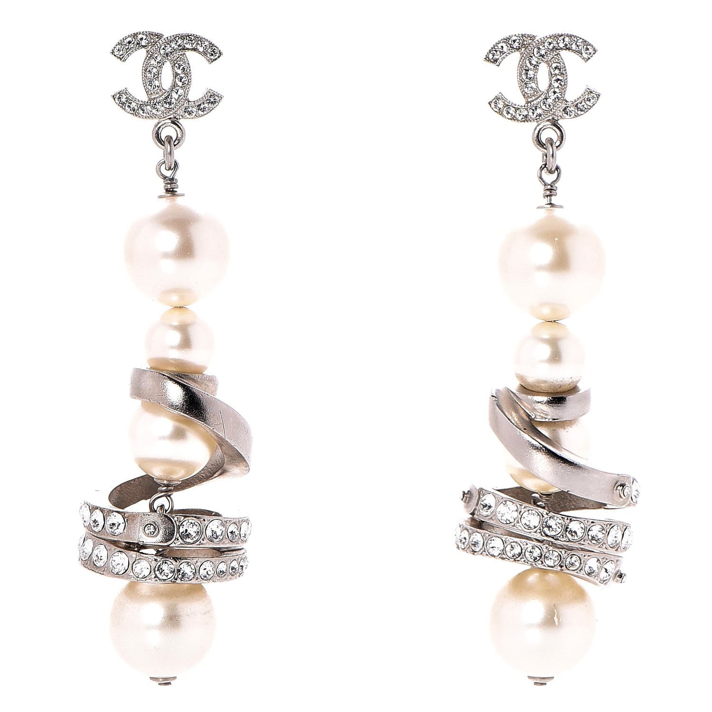 Crystal Pearl CC Drop Earrings Silver