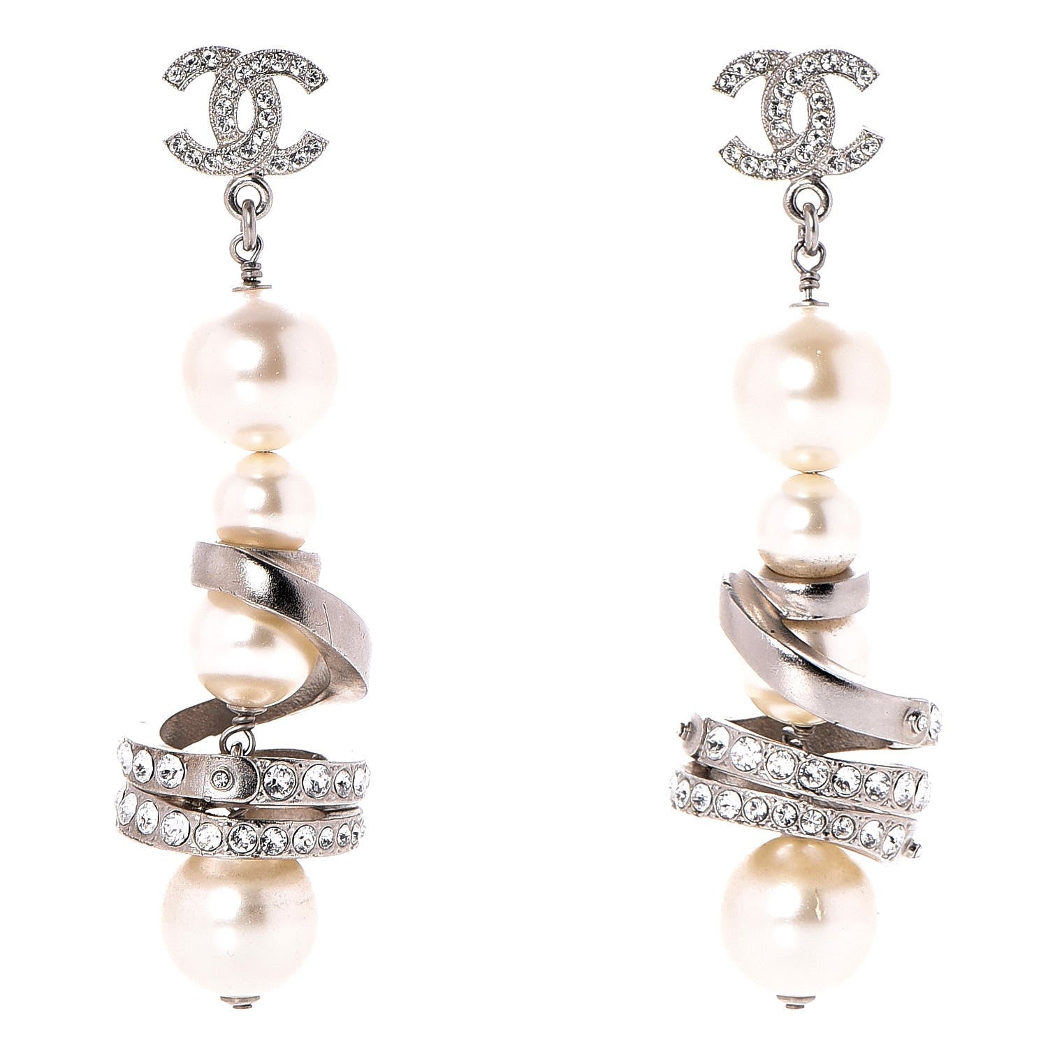 Chanel Crystal Pearl CC Drop Earrings Silver 1 of 4