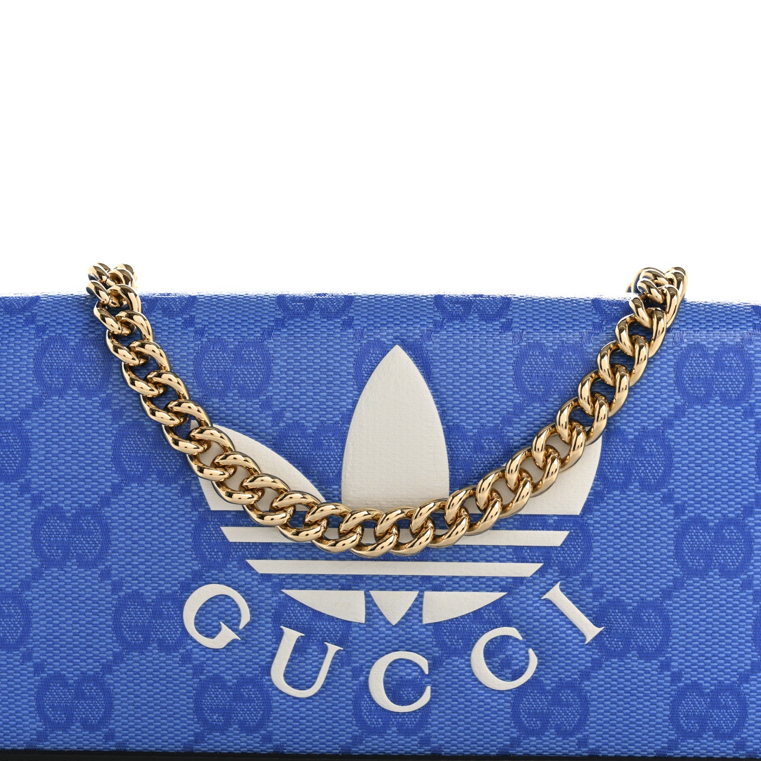 Gucci X ADIDAS Monogram Textured Dollar Calfskin Trefoil Embossed Wallet On Chain Blue 8 of 11