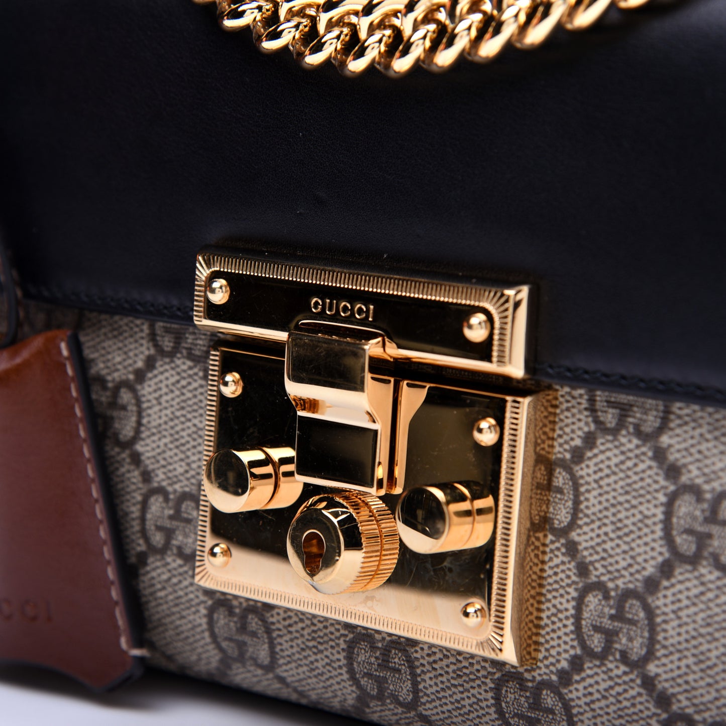 GG Supreme Monogram Calfskin Small Padlock Shoulder Bag Beige Black Cuir