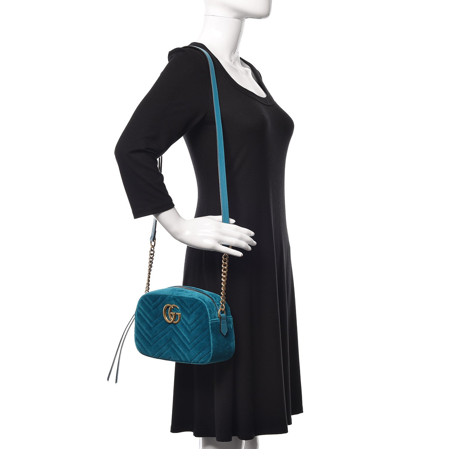 Gucci Velvet Matelasse Small GG Marmont Chain Shoulder Bag Pavone Cyan 2 of 9
