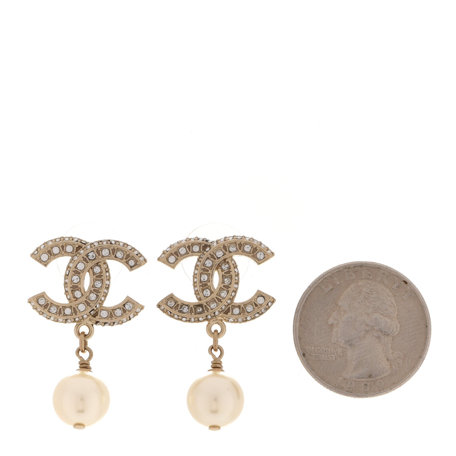 Chanel Crystal Pearl CC Drop Earrings Gold 2 of 5
