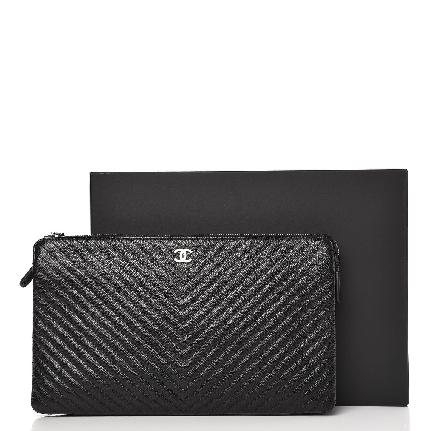 Caviar Chevron Quilted Large Zipped Clutch Black