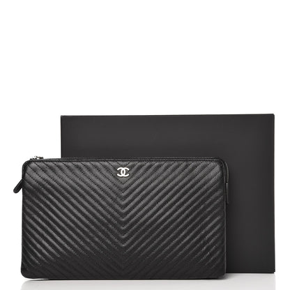 Chanel Caviar Chevron Quilted Large Zipped Clutch Black 10 of 10
