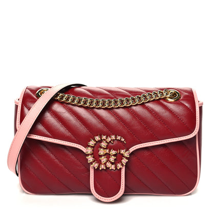 Gucci Azalea Calfskin Enamel Matelasse Diagonal Small Torchon GG Marmont Shoulder Bag New Cherry Red Wild Rose 1 of 10