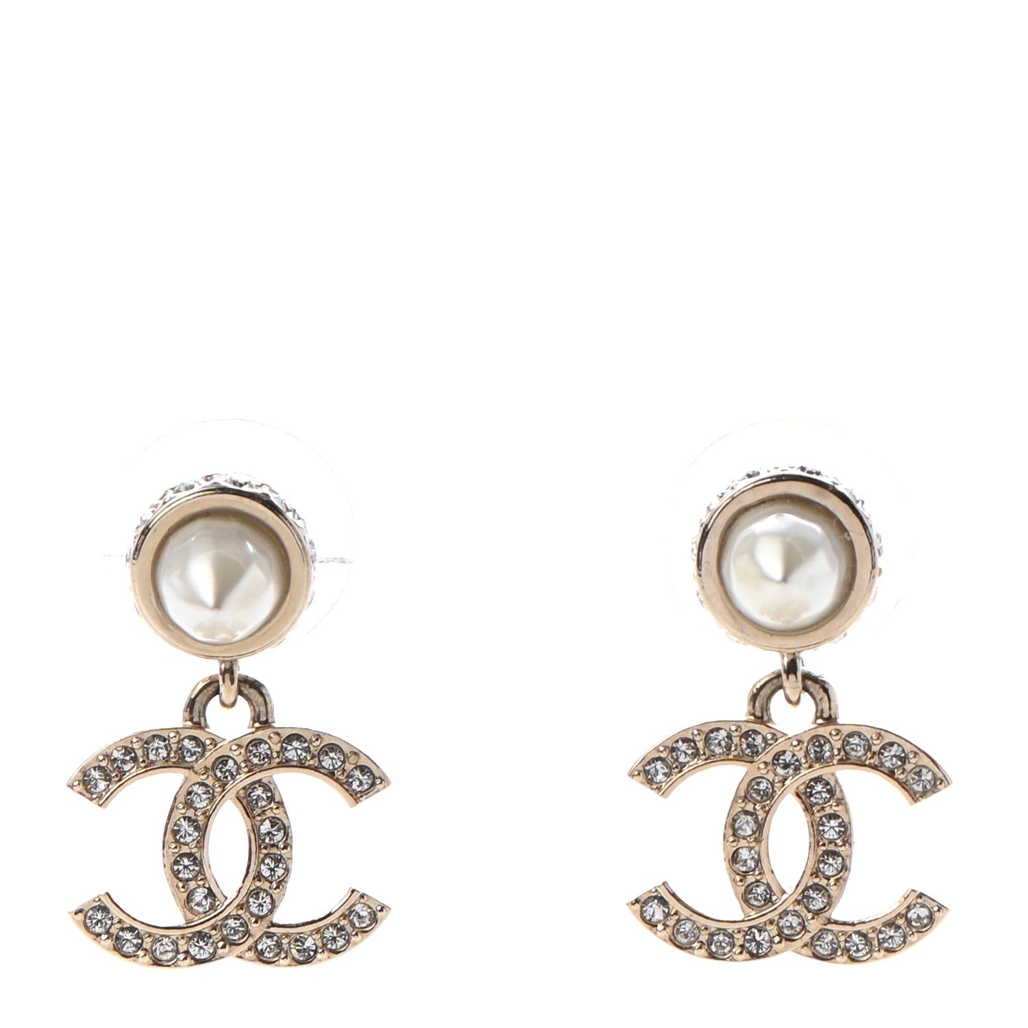 Chanel Pearl Crystal CC Drop Earrings Gold 1 of 5
