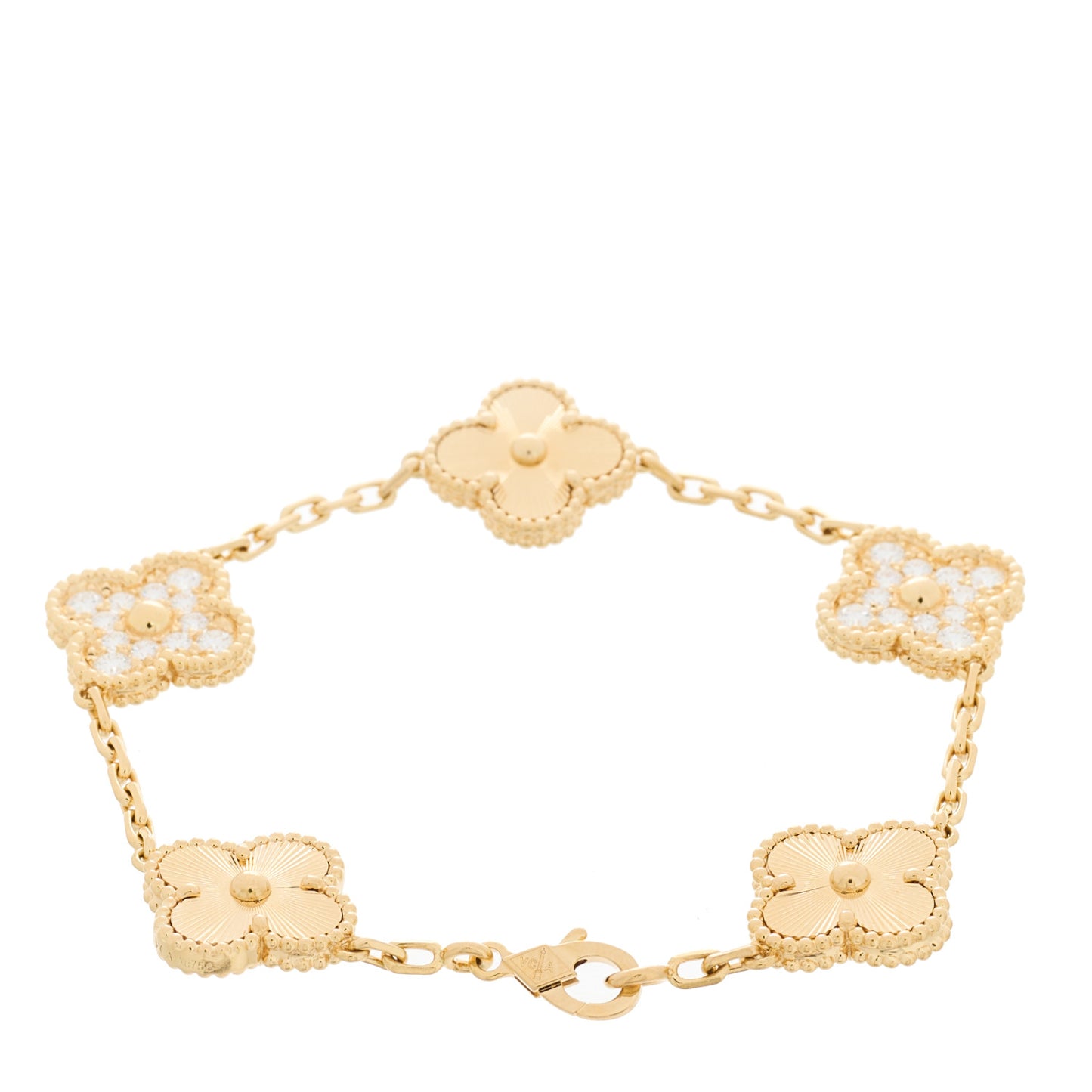 18K Yellow Gold Diamond 5 Motifs Guilloche Vintage Alhambra Bracelet